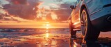 Luxury SUV car in front of stunning sunset at sea, on concrete pathway