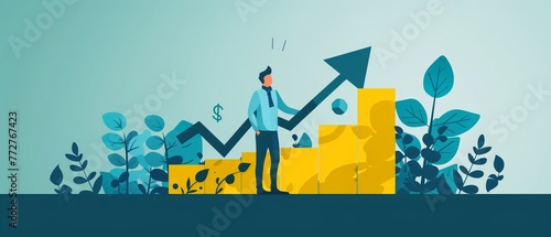 Illustration of growing interest rates and dividends, businessman with percentage and up arrow