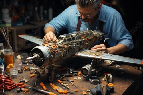 A model airplane builder assembling a plane at a workbench