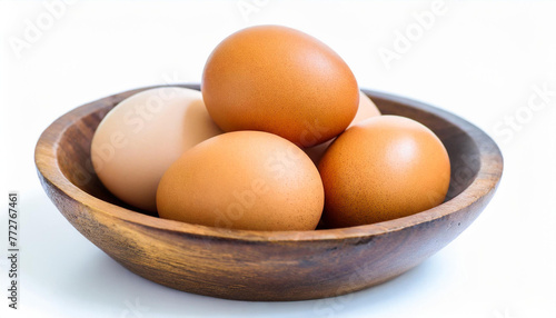 Egg in wooden bowl isolated on white background, with clipping path, concept Ready to cook eggs, Fresh from farm