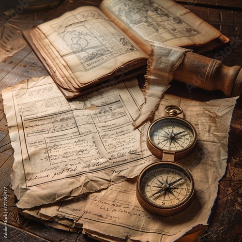 Old desk with compass and financial documents, navigating economic waters