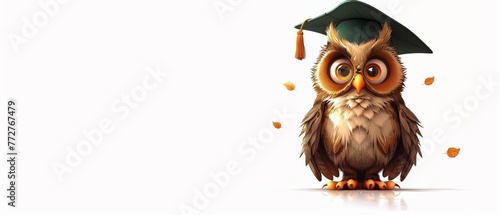 Owl in green academic cap standing, fullsize clipart, white background photo