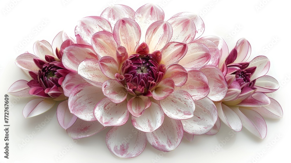   Close-up of a pink-white flower on white background with droplets of water on petals