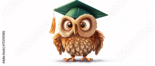 Wise owl in green graduation cap, standing, fullsize clipart on white photo