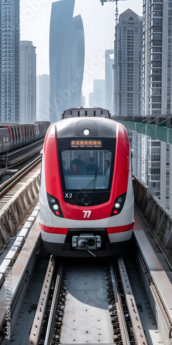 Trem de alta velocidade viajando por uma cidade moderna photo
