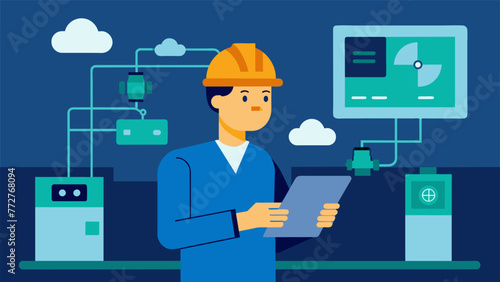 A detailed image of a factory worker monitoring the realtime data transmission on a tablet ensuring that all processes are running smoothly and