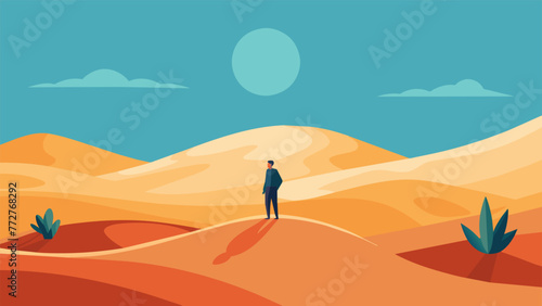 A person standing on a sand dune with a mirage of an oasis in the distance symbolizing the temporary relief and distraction that can be found