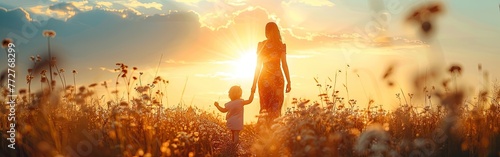 Sunset Stroll: A Mother and Child Walking Hand in Hand through a Golden Grass Field photo