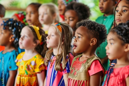 diverse kids in colorful outfits singing in a multicultural festival