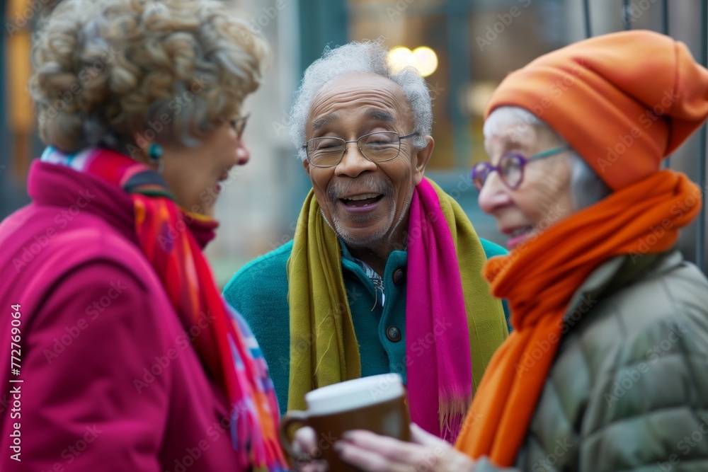 senior friends with colorful scarves at an outdoor caf, coffee in hand