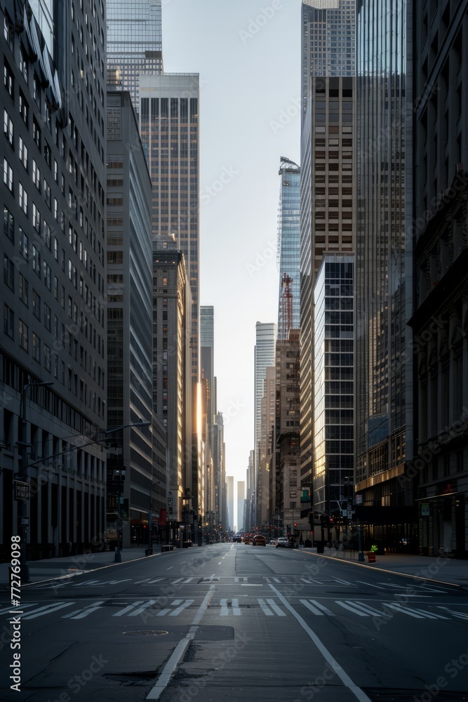 An empty cityscape at dawn, with skyscrapers towering over deserted streets, casting long shadows in the soft morning light, Generative AI