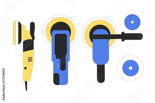 Car polisher machine and pads set. Repair auto equipment collection. Remove scratch on vehicle isolated on white background. Vector illustration of automobile service tools