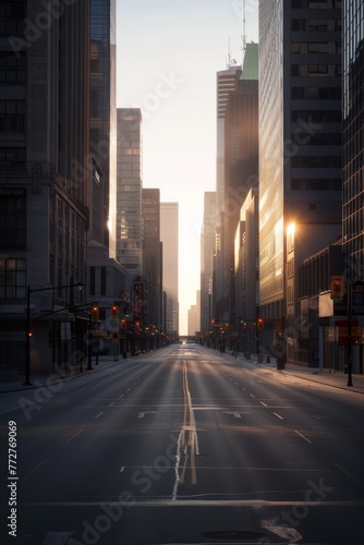 An empty cityscape at dawn, with skyscrapers towering over deserted streets, casting long shadows in the soft morning light, Generative AI © ManusiaIkan