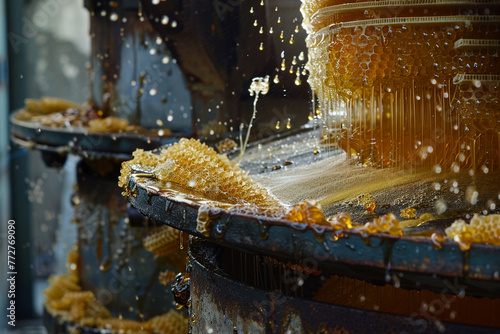 A detailed scene of the honey extraction process, where honey is spun out of the frames in an extractor and filtered into storage tanks