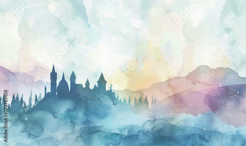 watercolor background illustration fantasy castle in the mountains