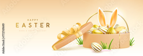 Happy Easter holiday background with gift box, basket, eggs and rabbit ears. Vector illustration