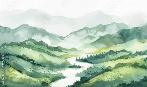watercolor background illustration  landscape with mountains