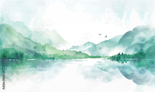 watercolor background illustration lake and mountains