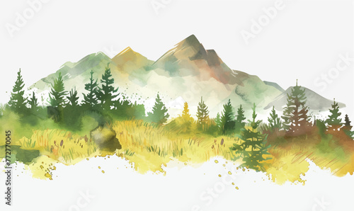 watercolor background illustration landscape with mountains and trees