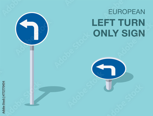 Traffic regulation rules. Isolated european "left turn only" sign. Front and top view. Flat vector illustration template.