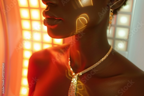 closeup of solarium user wearing jewelry with tan outline visible © studioworkstock