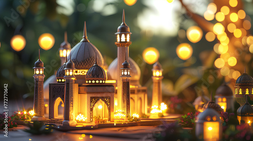 islamic ramadan background, eid al fitri, iftar, eid al adha, beautiful mosque and lantern background. camel in the middle of the desert with mosque photo