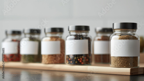 A detailed close-up of spice jars lined up, focused on the blank white labels for customization