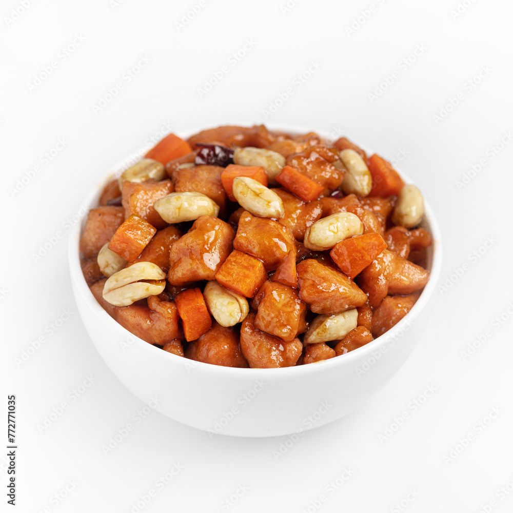 Soya sauce chicken stir fry, chinese cuisine dish, on a white background Soya sauce chicken stir fry, chinese cuisine dish, on a white background