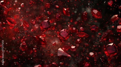 Red rubies on black backdrop. Symbols of luxury, wealth, prosperity. Abstract splashes of gemstones.