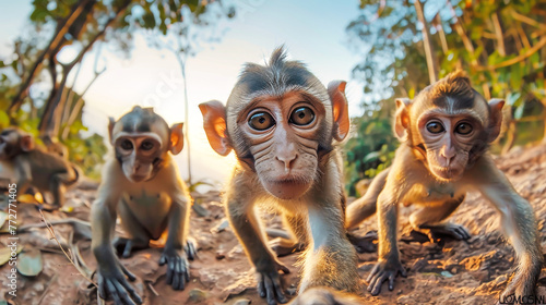 Cluster of monkeys chilling on barren ground in a group © Anoo