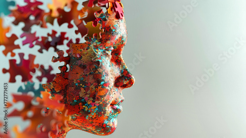 A mosaic of colorful puzzle pieces intricately create the features of a womans face, showcasing a unique and creative artwork