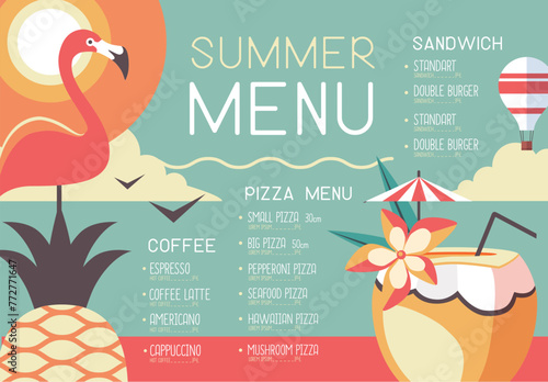 Retro summer restaurant menu design with flamingo, pineapple and pina colada cocktail. Vector illustration