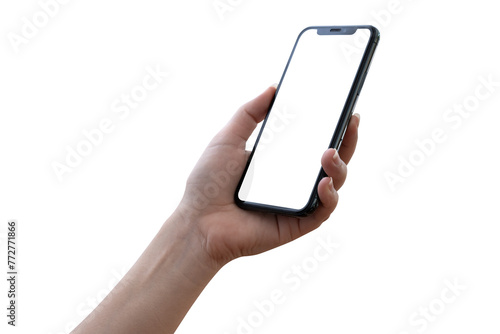 Closeup studio shot, collection of hand holding phone blank touch screen. isolated on white background. Business hand holding a modern smartphone. clipping path photo