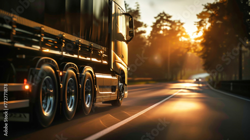 A semi truck with a cargo semi-trailer drives down a road during sunset, casting a long shadow on the pavement