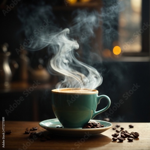 A cup of coffee with steam rising from the surface and a hint of sweetness in the air