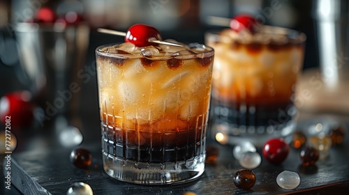  Close-up shot of a drink in a glass with a cherry on the rim and an additional cherry beside it