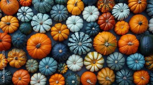   A cluster of pumpkins resting on a white countertop alongside a stack of orange and blue pumpkins