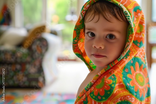 little boy in a hooded towel with a bright orange and green pattern