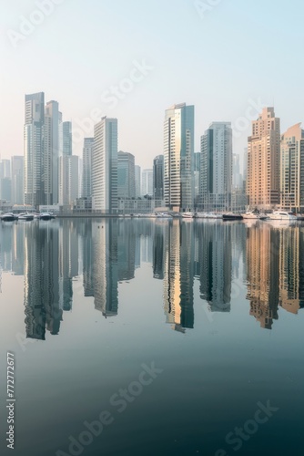 An uninhabited city skyline reflected in the calm waters of a deserted harbor  creating a surreal mirror image of empty streets and silent skyscrapers  Generative AI