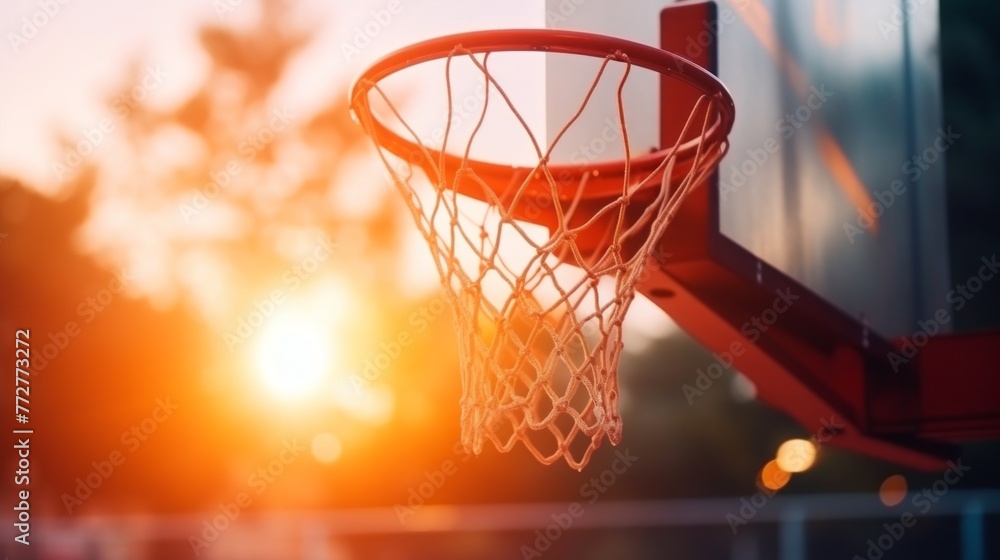 A basketball net is in the foreground of a sunset