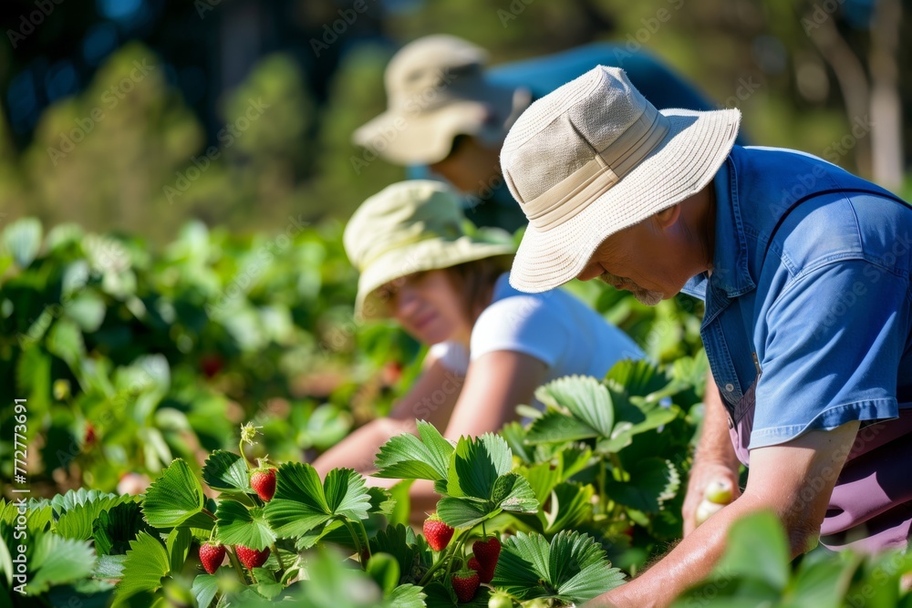 man and woman wearing hats, picking strawberries in a patch