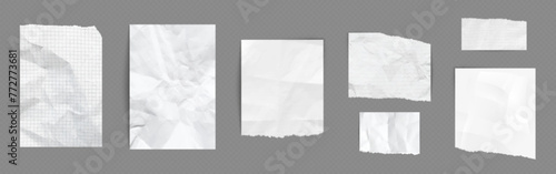 Paper pieces with wrinkles and torn edges. Realistic vector illustration set of empty white and checkered pages with crumpled effect. Design mockup of blank sheet with crease and rough border.