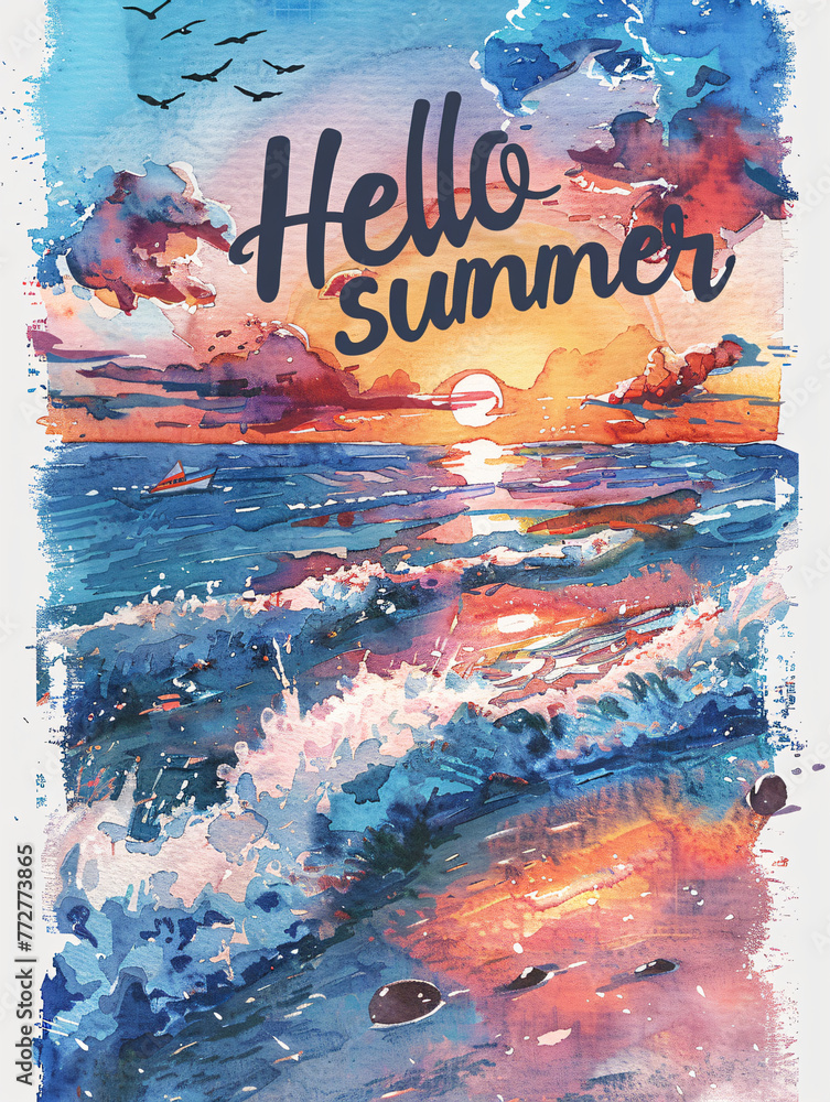 Hello summer watercolor illustration with beach and ocean. Artistic ...