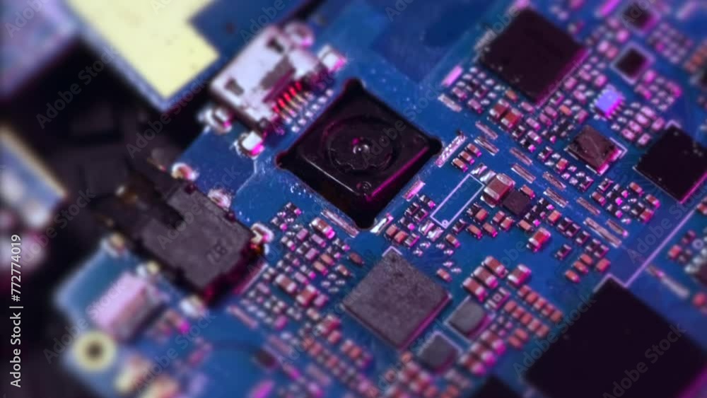 Circuit board of computer in purple neon lights, close up, mainboard, chip, information engineering component background, macro rotating shot. Circuit board of computer in purple neon lights, close up, mainboard, chip, information engineering component background, macro rotating shot.