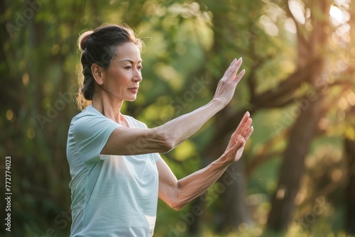 fit woman in sixties practicing tai chi outdoors photo