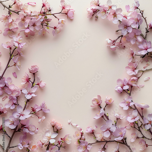 Wallpaper Mural Pink cherry blossom border on pastel background. Springtime floral frame with copy space. Sakura flowers for wedding invitation, greeting card, spring design. Panoramic banner Torontodigital.ca