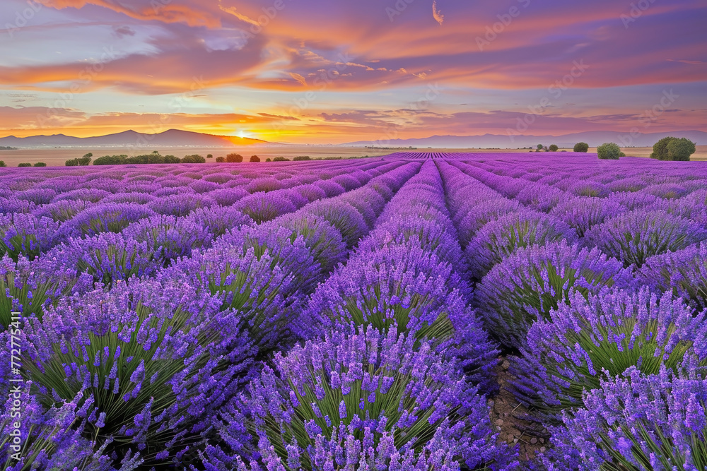 Lavender Fields at Sunset: A Sea of Purple Stretches to the Horizon, Symbolizing Peace and Beauty