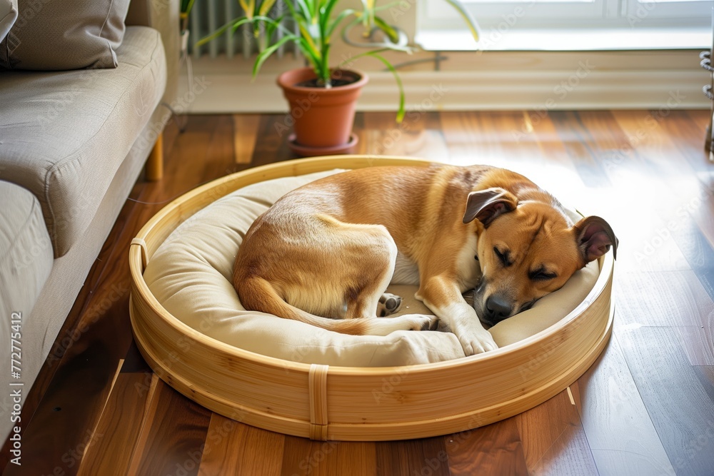 pet curled up in bamboo pet bed within cozy room setting - obrazy, fototapety, plakaty 