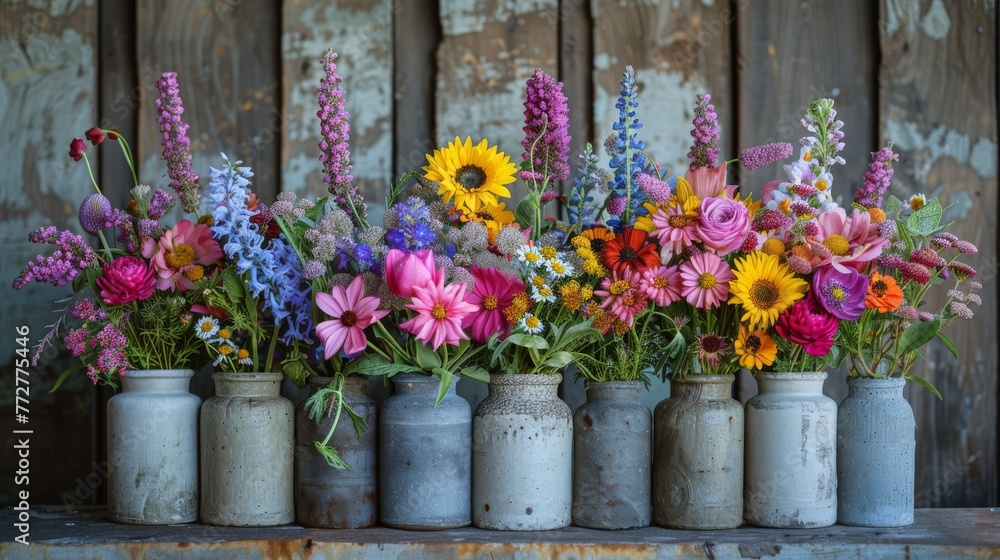   A group of vases filled with vibrant flowers sits atop a wooden table against a wooden backdrop