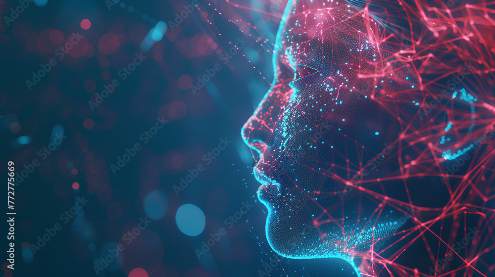 A woman's face is shown in a computer-generated image with a blue background. The face is made up of many lines and dots, giving it a futuristic and abstract appearance A woman's face is shown in a computer-generated image with a blue background. The face is made up of many lines and dots, giving it a futuristic and abstract appearance
